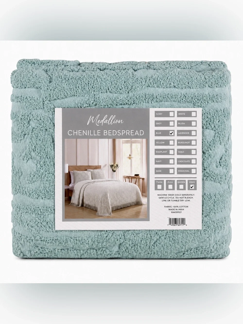 Medallion Chenille King Bedspread Blue 100% Cotton